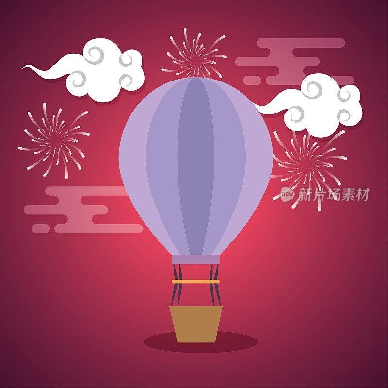 air balloon with clouds and fireworks decoration
